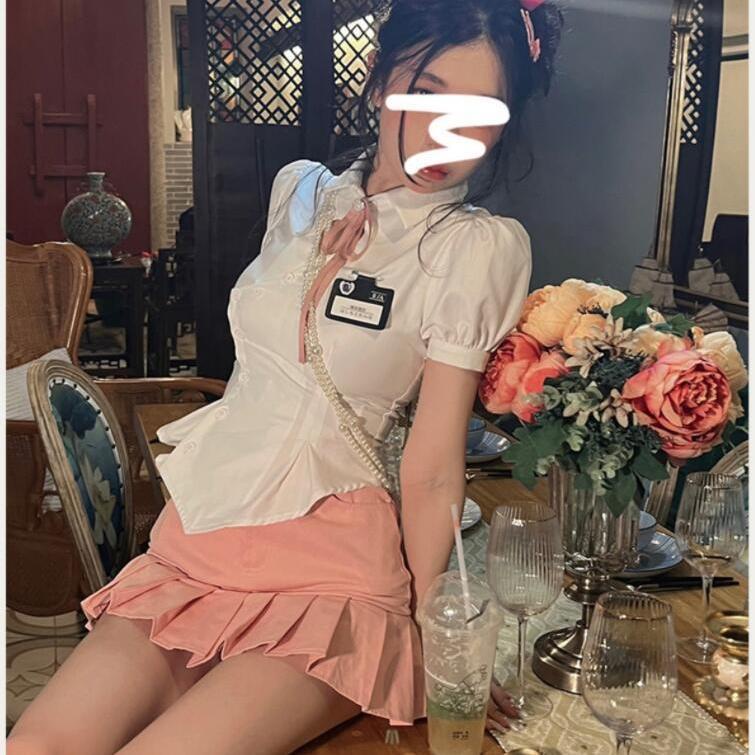 Bộ Áo Tay Phồng + Chân Váy Xếp Ly Lưng Cao Thời Trang Cho Nữ