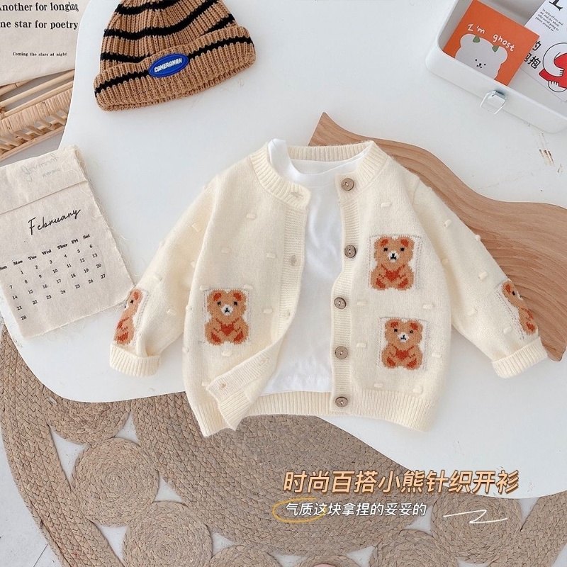 Áo Khoác Cardigan Dệt Kim In Hình Gấu Dễ Thương Thời Trang Xuân Thu Cho Bé Trai Và Gái