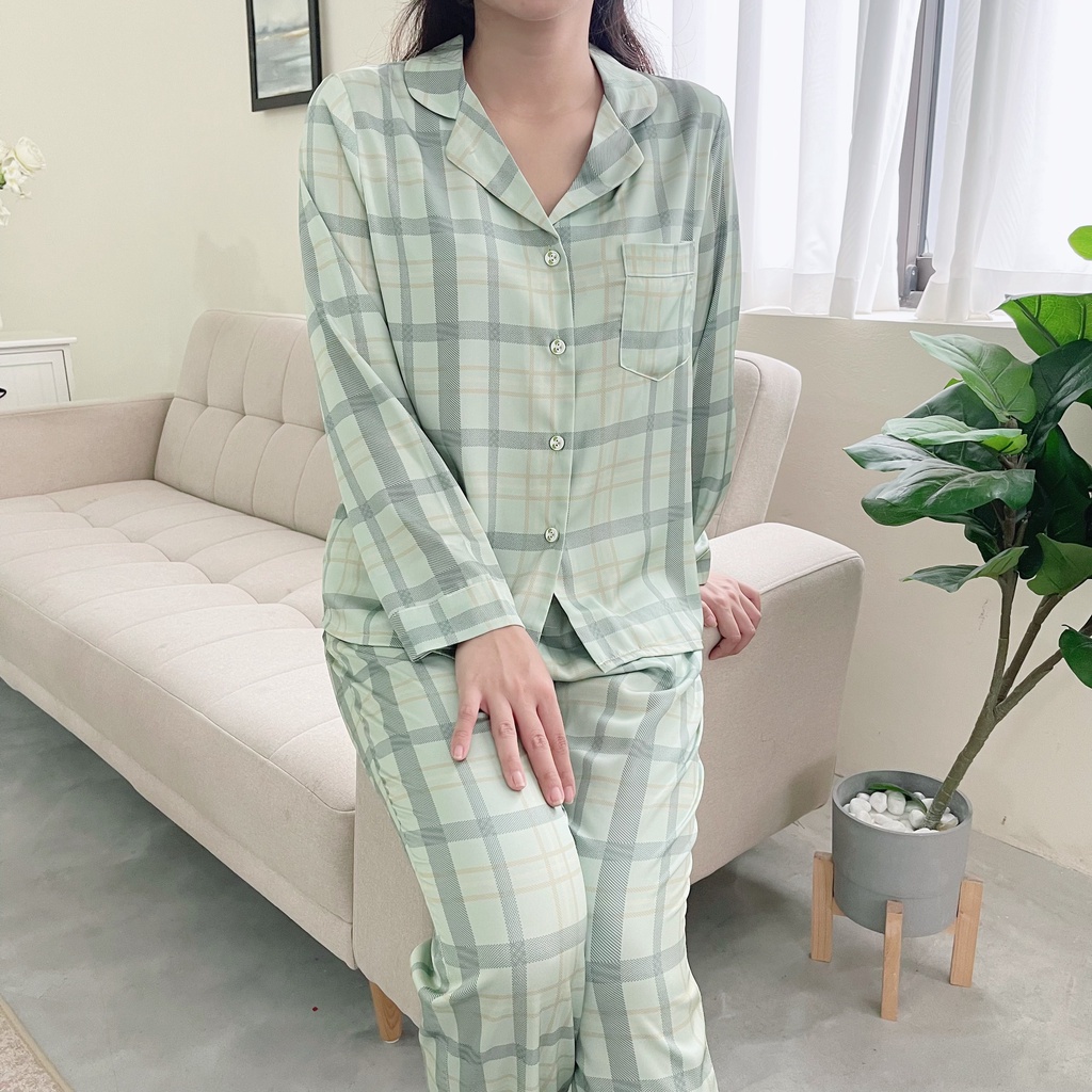 Bộ Mặc Nhà Pyjama Lụa Cao Cấp Tea Store Tay Dài Quần Dài Họa Tiết Caro Xanh Sang Trọng