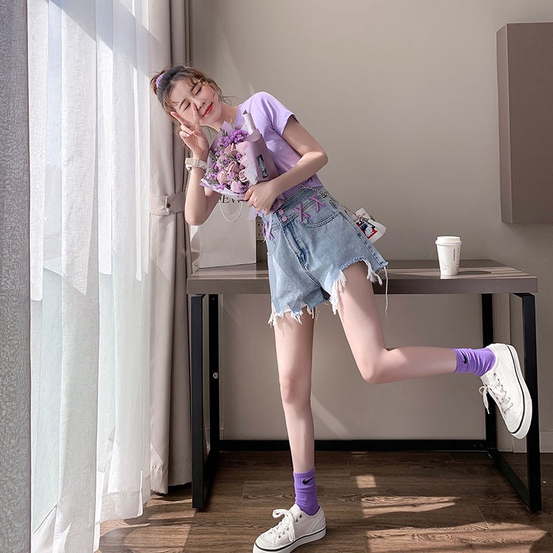 Jiashucheng Quần Short Denim Lưng Cao Dáng Chữ a Phối Vết Rách Thời Trang Mùa Hè Cá Tính Cho Nữ
