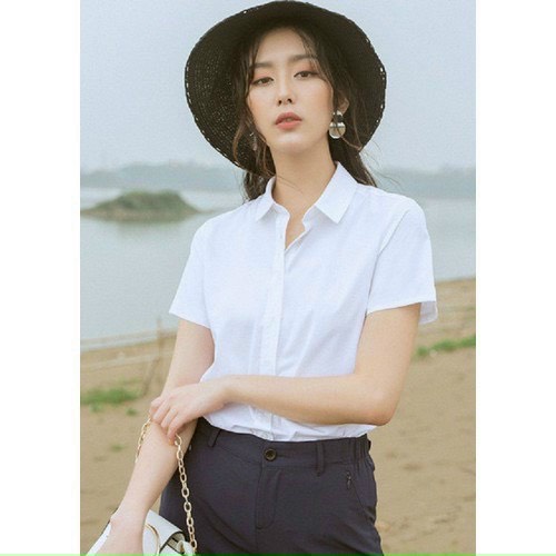 Áo sơ mi nữ tay ngắn trơn 2 màu trắng đen công sở