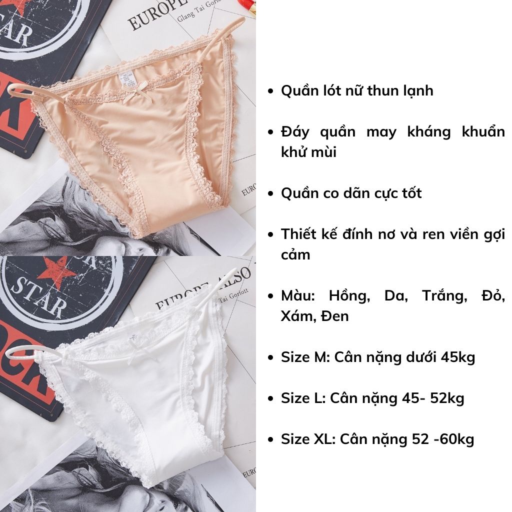 Quần lót nữ ren viền 2 mảnh thun lạnh sexy gợi cảm, Quần chíp nữ lụa băng thoáng mát đính nơ quyến rũ DOPICO L829
