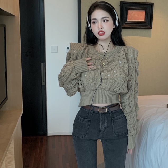 Áo len ZHELIHANGFEI dệt kim mỏng tay phồng dài xinh xắn thời trang Hàn Quốc cho nữ