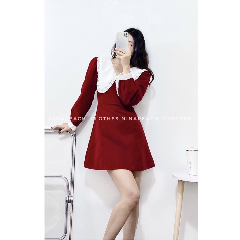 Váy nhung dáng xoè phối cổ bèo trắng hai màu đen đỏ