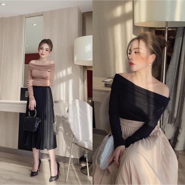 Áo bẹt vai dài tay sang chảnh (màu đen, trắng, be) áo body sang chảnh Annastore💘