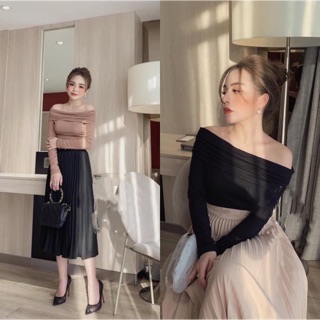 Áo bẹt vai dài tay sang chảnh  (màu đen, trắng, be) áo body sang chảnh Annastore💘