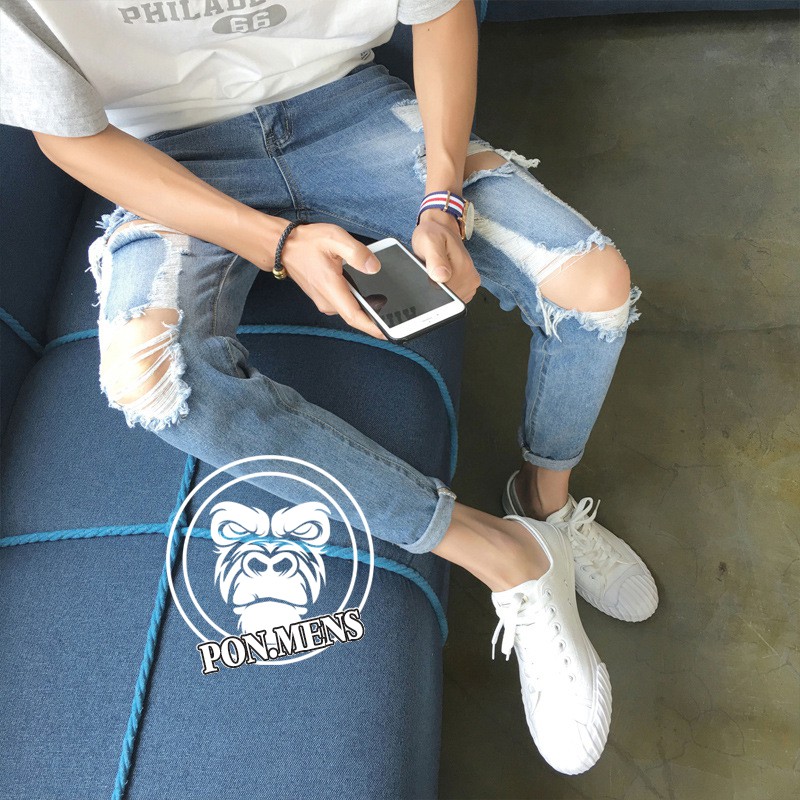 [Khuyến Mãi Sốc] Quần jean xanh rách gối nam thoáng mặc hè