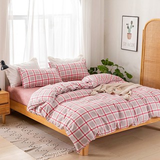 Bộ Drap & Chăn Phao Cotton Poly Kẻ Ô Kính Hồng