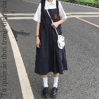 Bộ áo sơ mi ngắn tay phong cách học đường váy liền hai dây váy hai dây dáng dài vừa rộng rãi phong cách Hàn Quốc cho nữ sinh