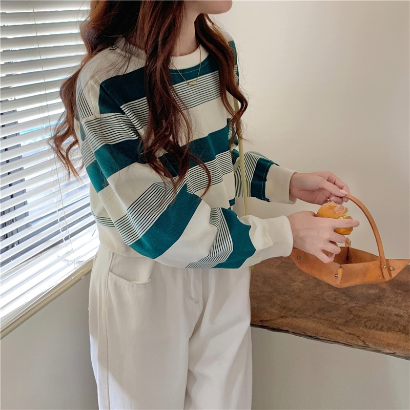 SUXI Áo Hoodie Lửng Tay Dài Họa Tiết Kẻ Sọc Thời Trang Hàn Quốc Cho Nữ