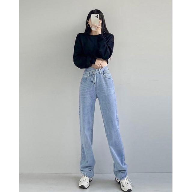 Quần Hazel Jeans Ống Suông Cạp Chéo