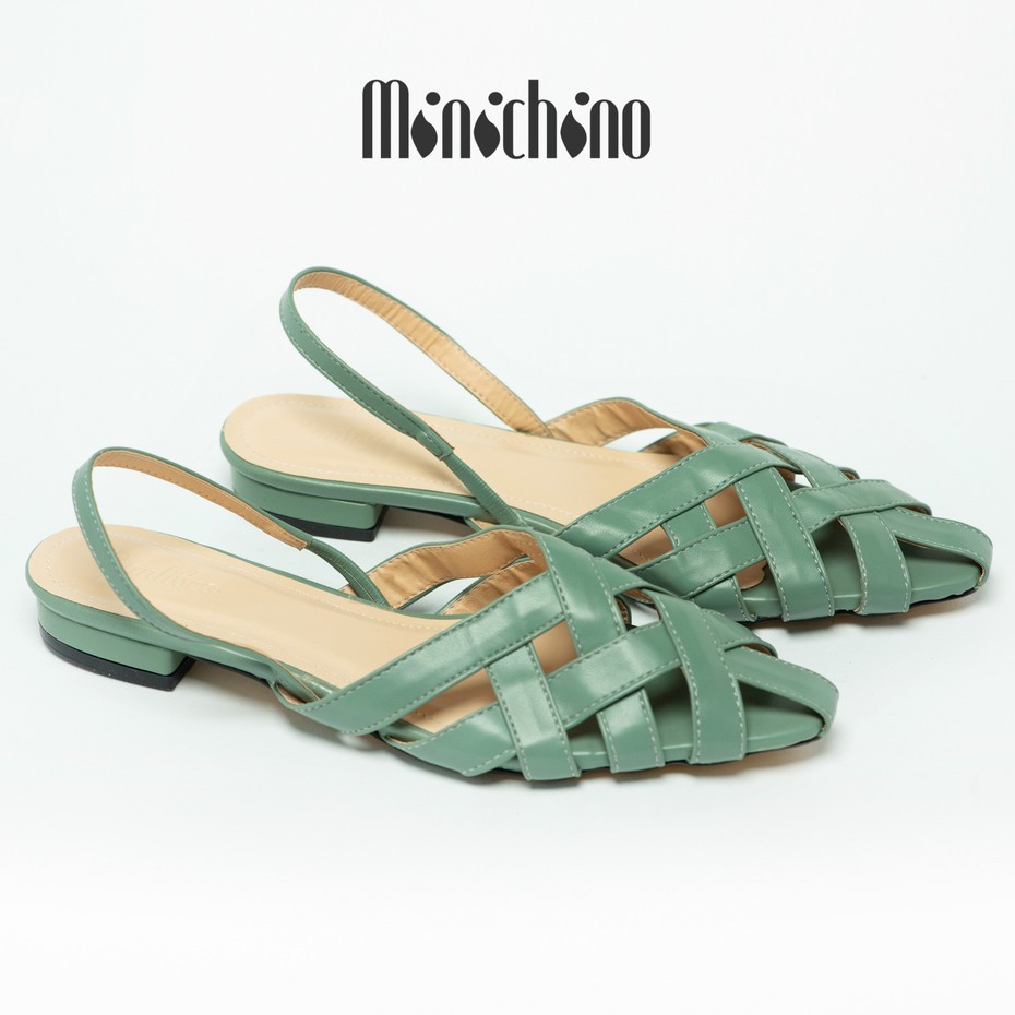 Giày sandal nữ gót cao 1,5cm MINICHINO giày búp bê nữ dáng slingback da mờ mũi nhọn hở gót phối dây màu xanh TC039