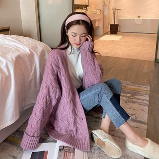 (Sẵn) Áo khoác len vặn thừng thu đông cardigan màu tím