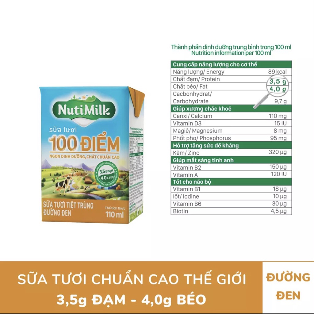 Lốc 4 Hộp Sữa Tươi Tiệt Trùng 100 Điểm Đường Đen Nutimilk 110ml