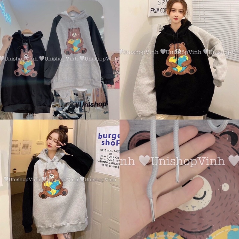 Áo hoodie gấu phối tay freesize dành cho nam và nữ
