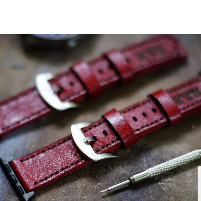 Dây apple watch da bò đỏ đô handmade bền chắc cực đẹp RAM Leather Classic 1982 - tặng khóa chốt và adapter
