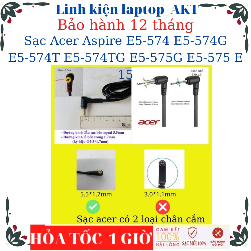 Sạc laptop Acer Aspire E5-574 E5-574G E5-574T E5-574TG E5-575G E5-575 E 15- Sạc 19V-3.42A chân vàng