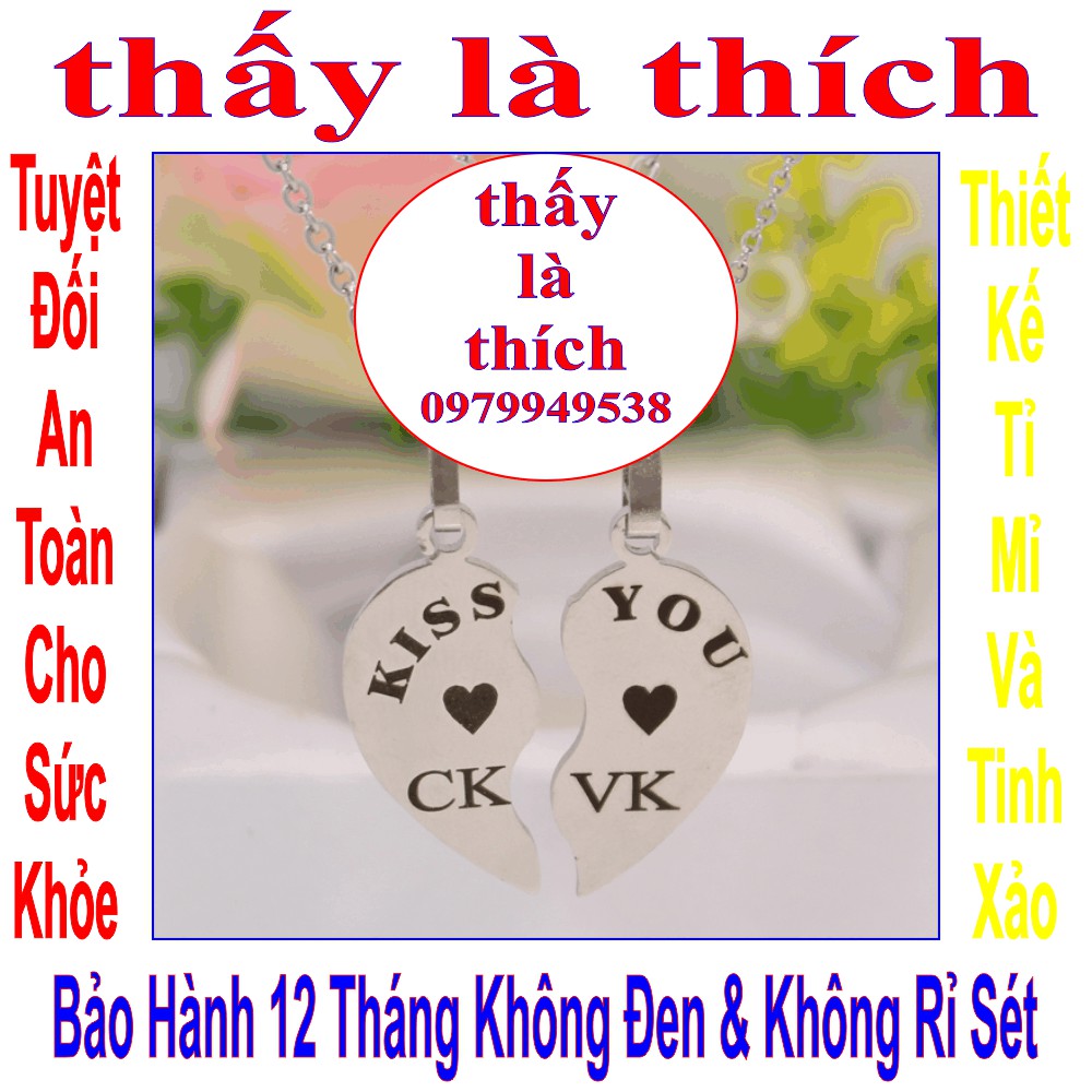 Dây chuyền cặp đôi 2 mảnh ghép trái tim khắc chữ CK/VK kết hợp chữ KISS YOU - Giá bán như trên là 1 cặp = 2 sợi như hình