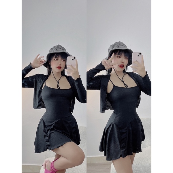Sét đầm body dây kèm áo khoác
