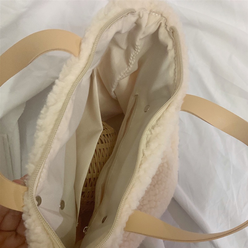 Túi Đeo Vai Bằng Lông Cừu Sức Chứa Lớn Có Khóa Kéo Thời Trang Đơn Giản Dễ Phối Đồ Cho Nữ