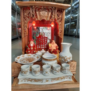 Bàn Thờ Thần Tài Ông Địa giá rẻ đẹp gỗ Xoan Cao 50,ngang 35,Bộ Combo 9 món - Đồ Thờ Thắng Duyên Đại Phát