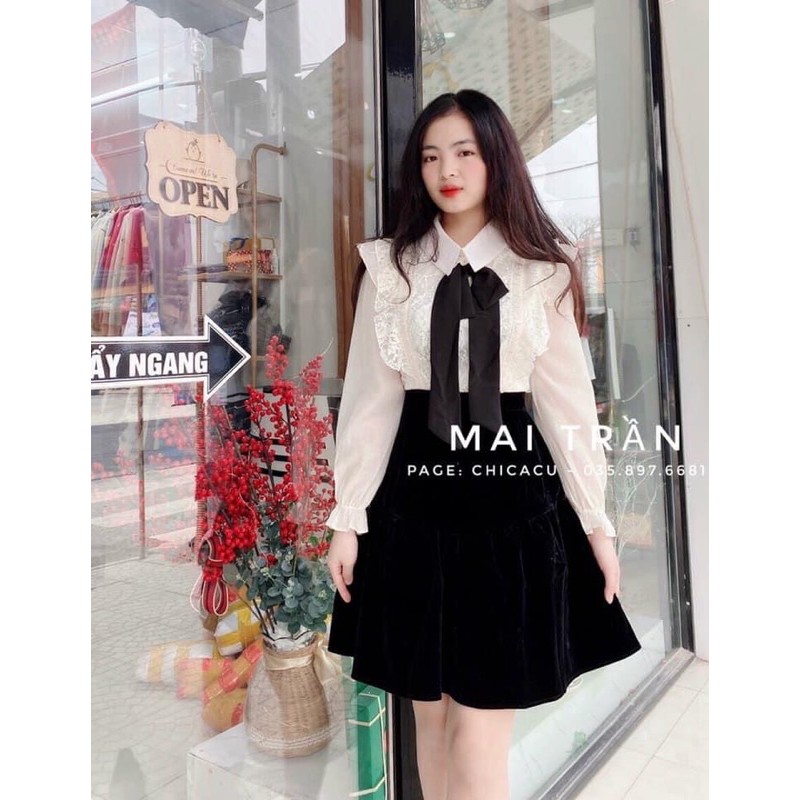 Áo sơ mi phối ren cổ nơ đen/new new
