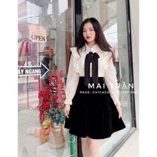 Áo sơ mi phối ren cổ nơ đen/new new