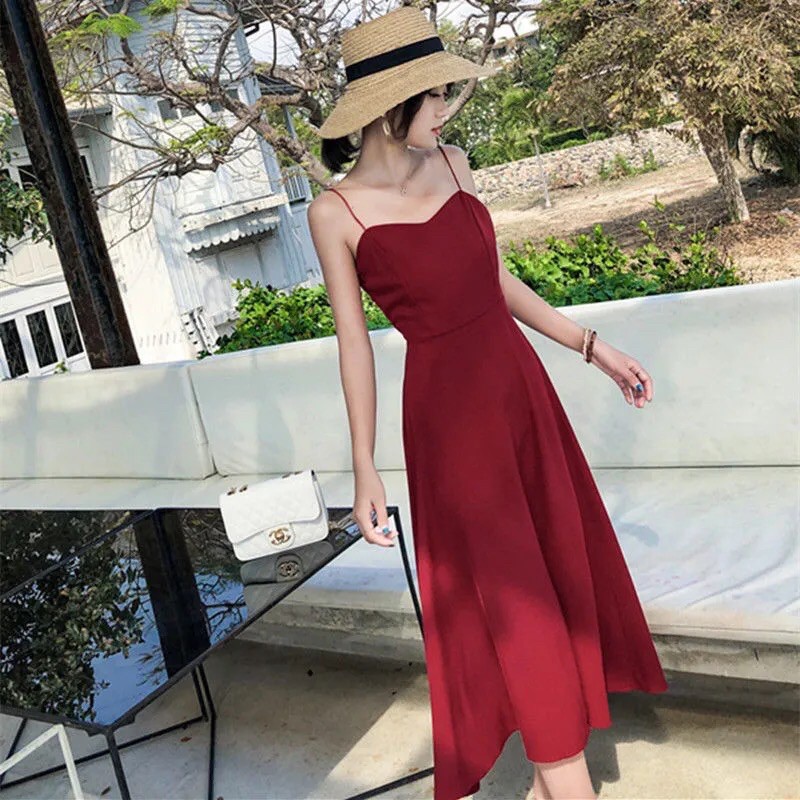 Pháp retro cổ chữ v sling váy đỏ voan phong cách kỳ nghỉ dài eo mỏng tính khí váy nữ mùa hè