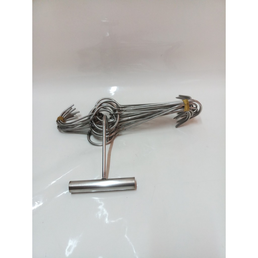 COMBO 10 MÓC QUAY THỊT INOX 4LY LỚN DÀI 30CM+1 MÓC CÁN CẦM INOX.