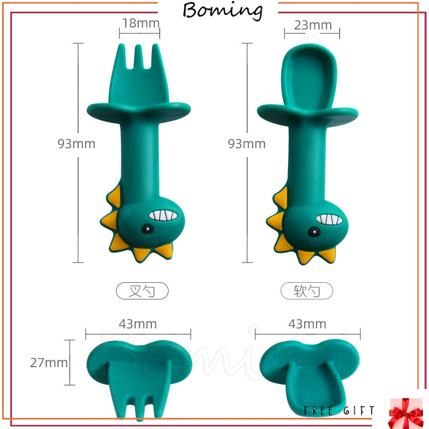 1 bộ Thìa Nĩa Silicone Cho Bé Bộ Thìa Hoạt Hình Thìa Mềm Thức Ăn Bổ Sung Bộ Đồ Ăn Đào Tạo