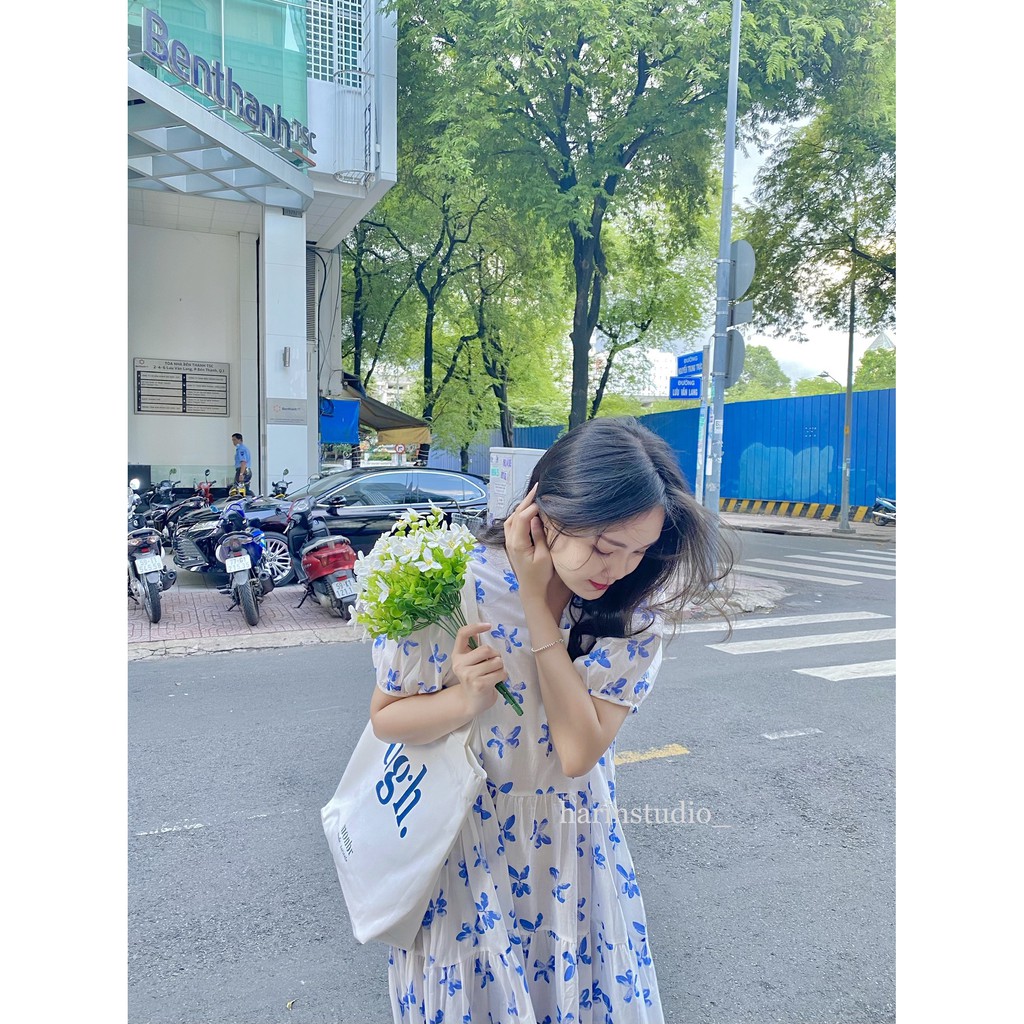 Đầm ULZZANG tiểu thư babydoll trắng hoa xanh (ẢNH THẬT)