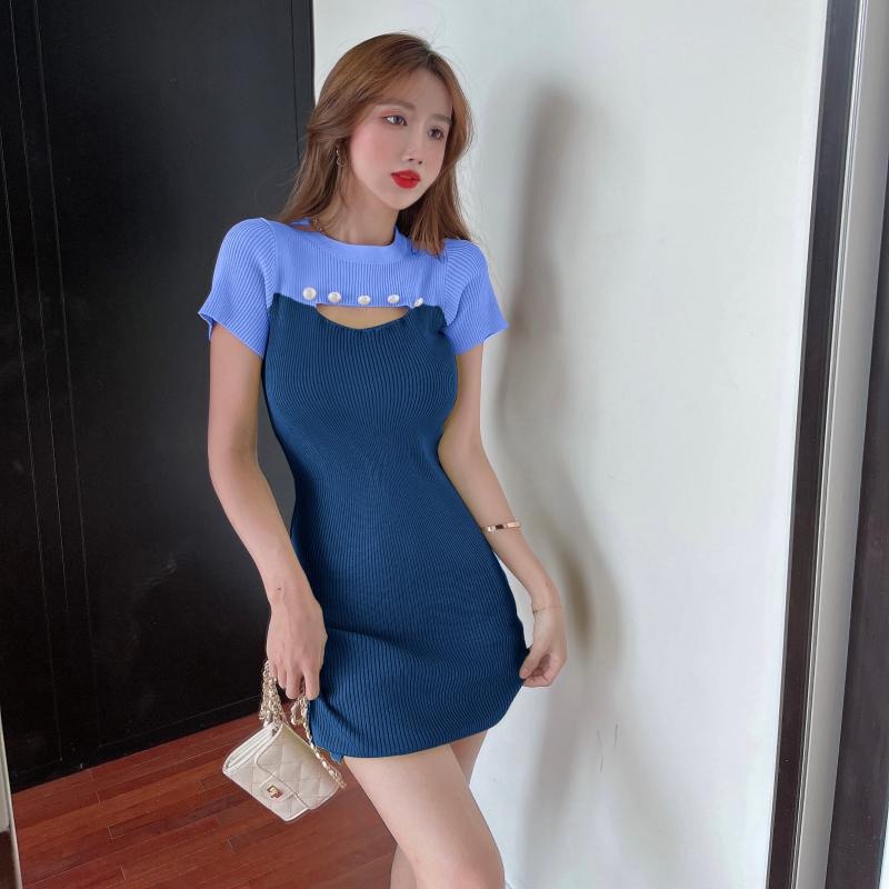 Đầm ZHELIHANGFEI dệt kim ngắn tay hở ngực phối màu sắc trẻ trung thời trang