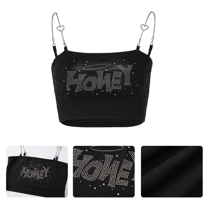 Brroa Áo Croptop Dây Xích Trái Tim Đính Đá Chữ Cái Không Tay Cho Nữ
