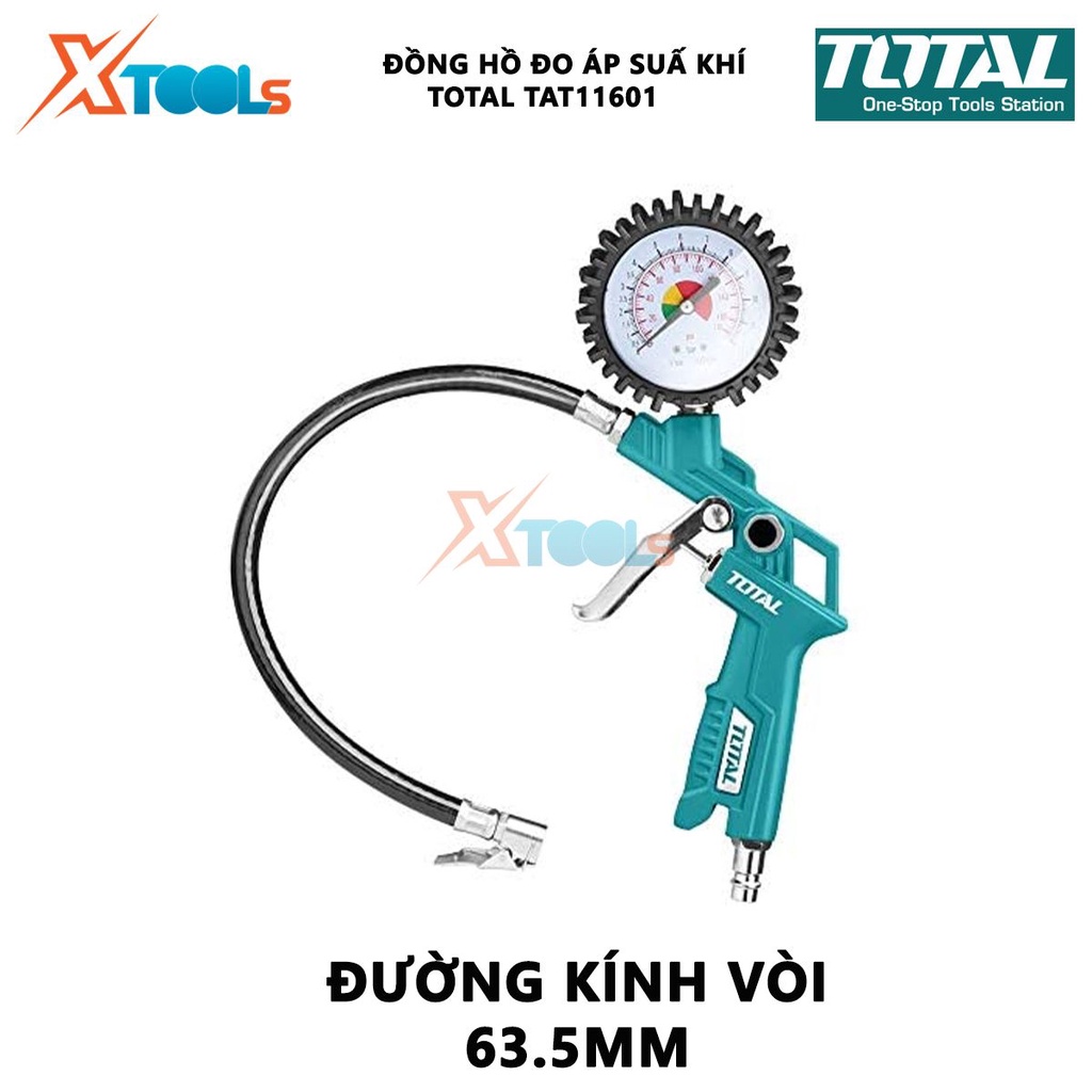Đồng hồ đo áp suất khí Total TAT11601 Dụng cụ bơm hơi khí có đồng hồ Áp lực 12bar(174psi) Chiều dài vòi 350mm