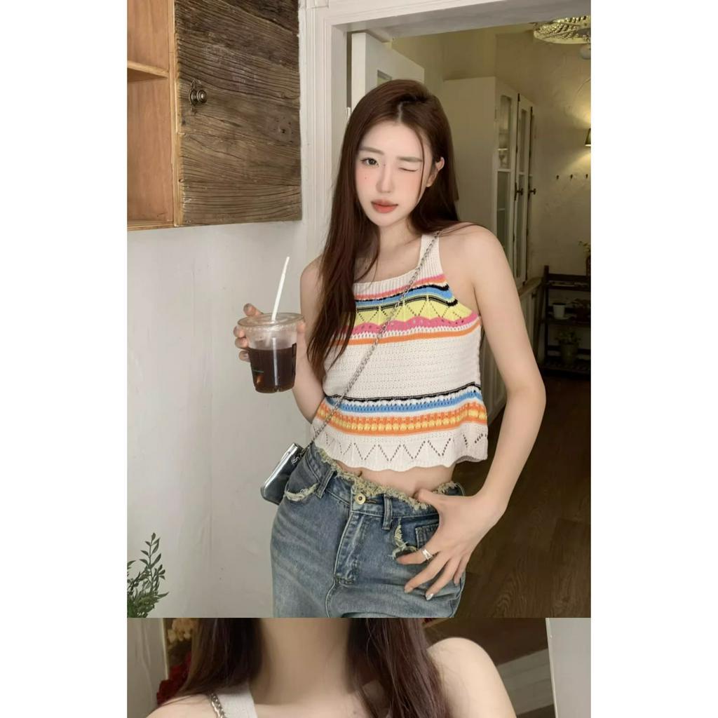 Áo Croptop Dệt Kim Cổ Vuông Họa Tiết Kẻ Sọc Màu Cầu Vồng Thời Trang Mùa Hè Xinh Xắn Cho Nữ