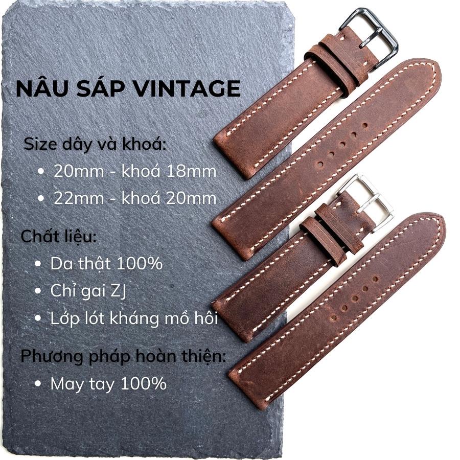 Dây Đồng Hồ Da Bò Nam 19mm 20mm 22mm 21mm 24mm, Da Thật, Handmade, Chống Nước, Chính Hãng, Màu Nâu Sáp, BH 12 Tháng