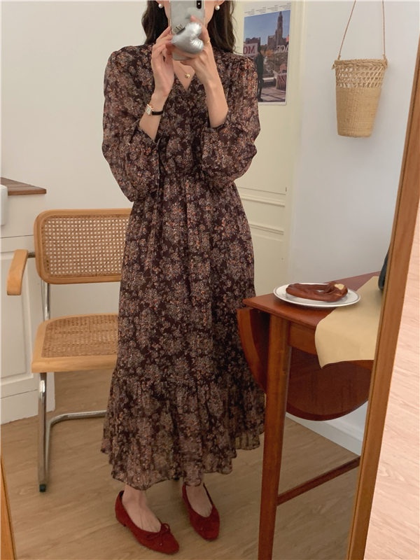 Đầm voan Peppermint họa tiết hoa tay dài phong cách retro thời trang cho nữ 55568