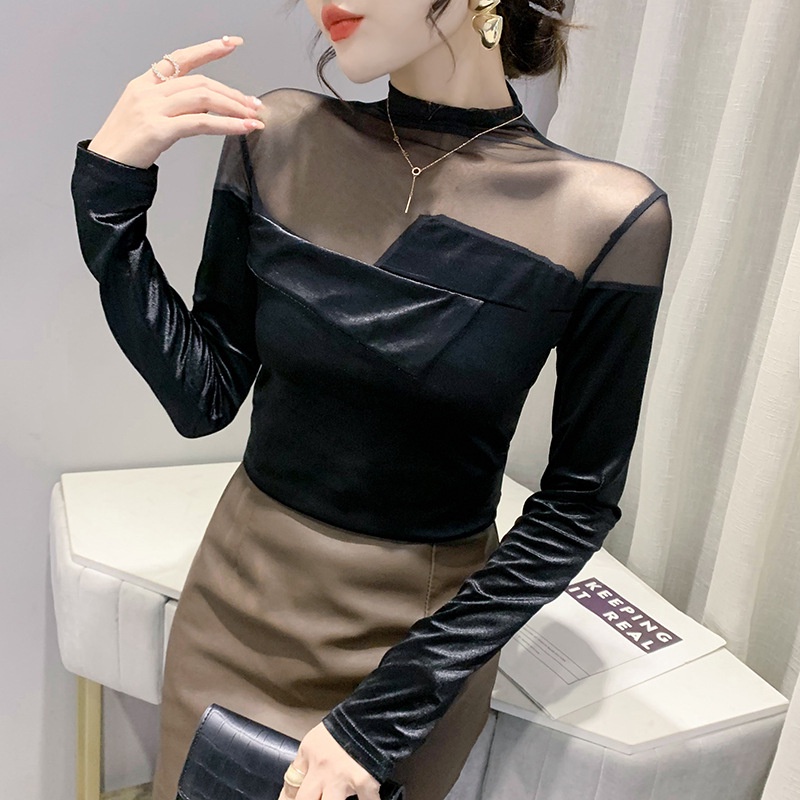 Áo lưới dài tay Áo thun dài tay nữ cổ lọ thời trang mùa thu