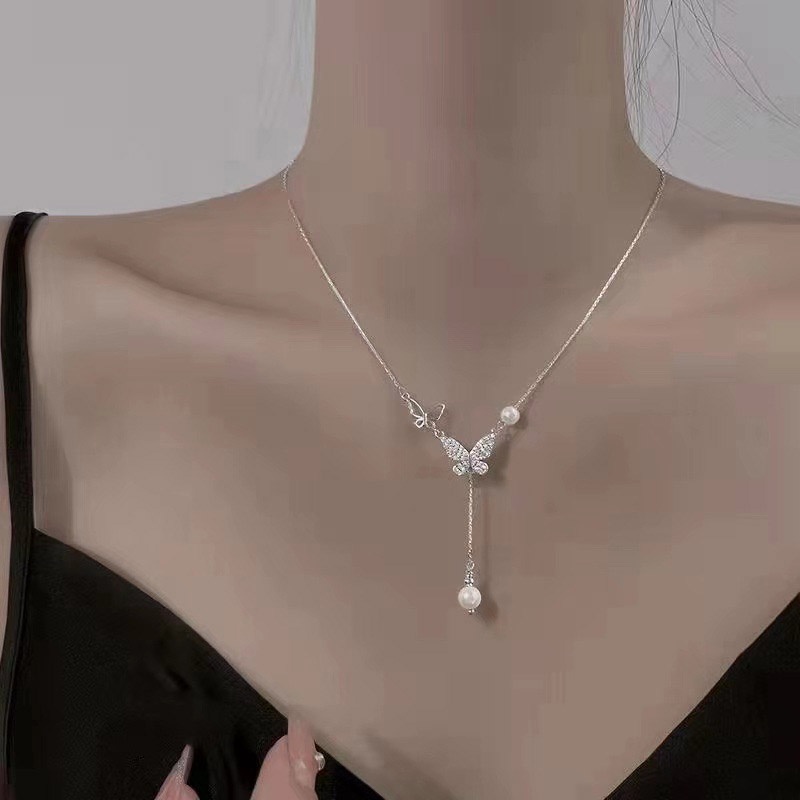Dây Chuyền Hình Bướm Đính Ngọc Trai Nhân Tạo Phong Cách Thời Trang Hàn Quốc