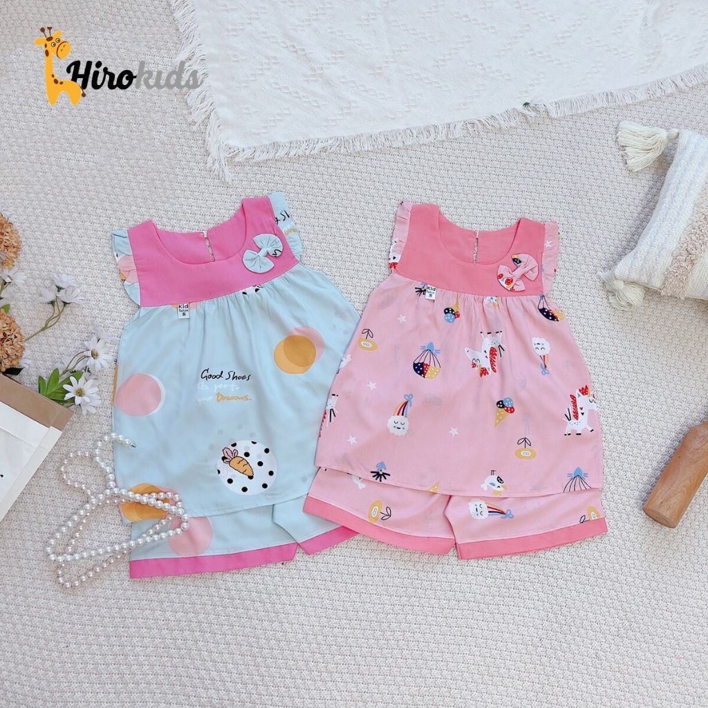 Bộ bé gái mặc nhà chất lanh lụa mềm mát họa tiết đáng yêu (25-40kg) - Hirokids