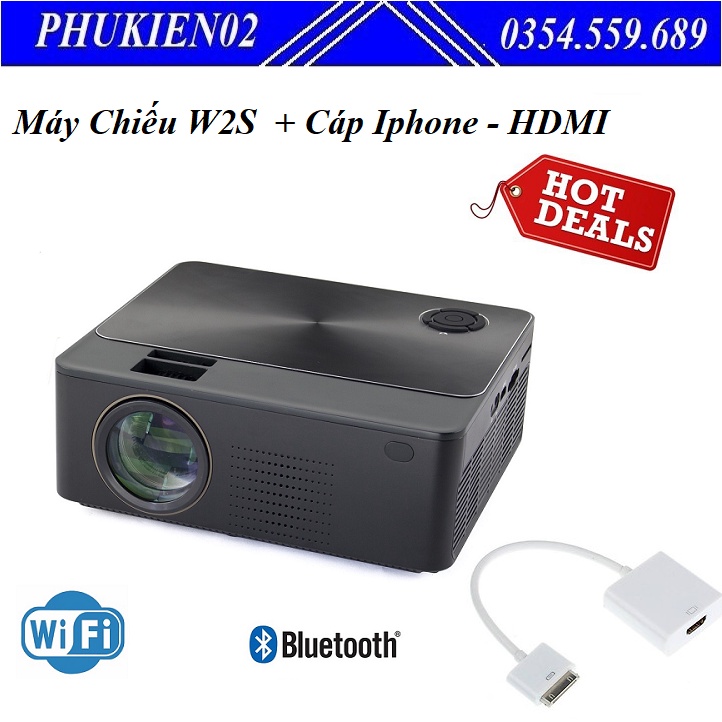 Combo Máy Chiếu Mini W2S Kết Nối Bluetooth, Wifi + Cáp chuyển đổi tín hiệu Ipad, Iphone ra HDMI