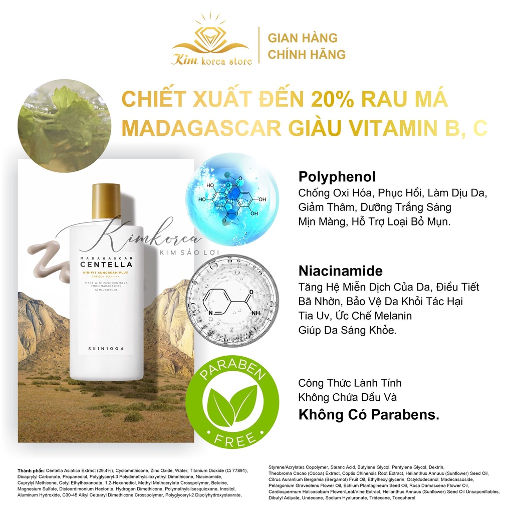 Kem chống nắng kiềm dầu nâng tone nhẹ dịu cho da mụn chiết xuất rau má Skin1004 centella madagascar air fit suncream