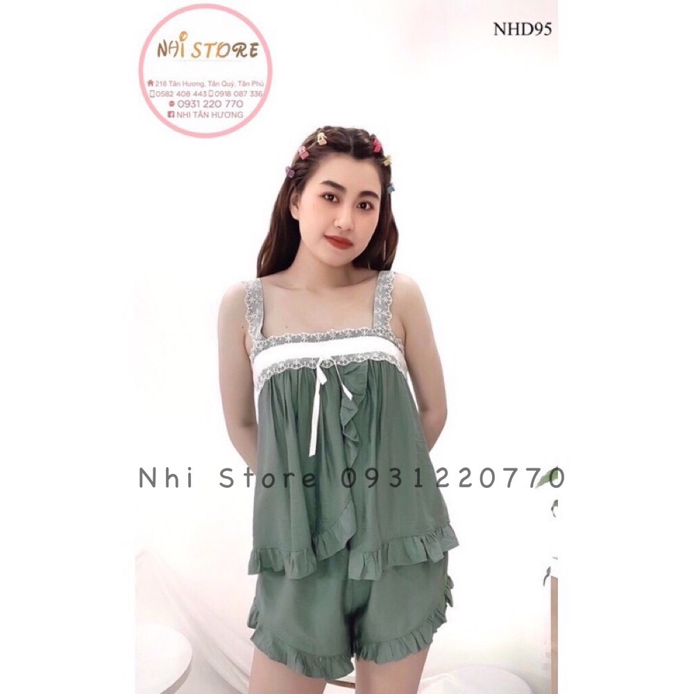 [FREESHIP 50K] Set Bộ Nữ NHISTORE Áo Hai Vai Ren Bản Lá Đắp Quần Ngắn Lai Bèo Vải Xước Gân Bụi Cá Tính 45 - 57 Kg