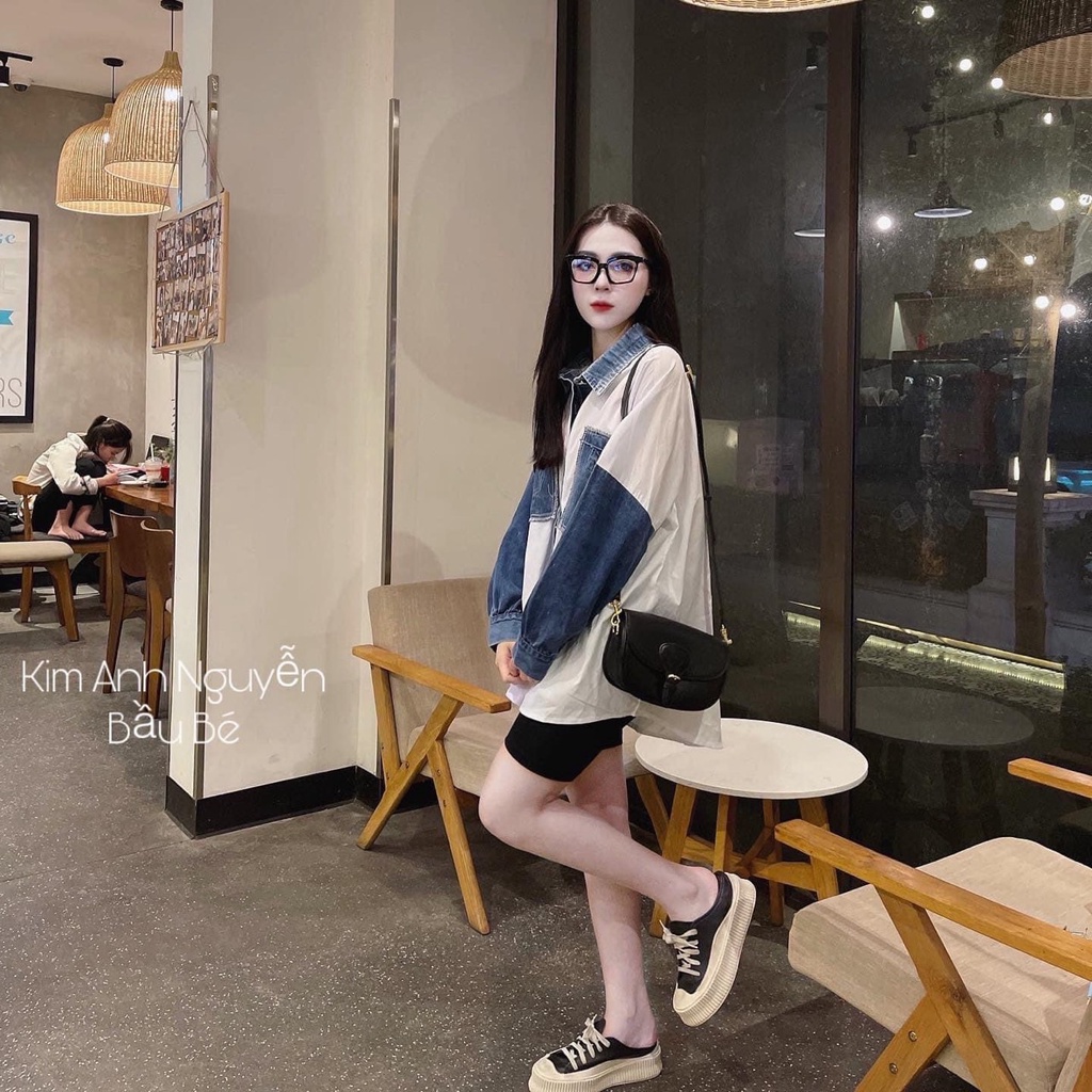 Áo sơ mi trắng nữ dáng rộng phối bò  chất thô mềm mại cá tính SM029 | BigBuy360 - bigbuy360.vn