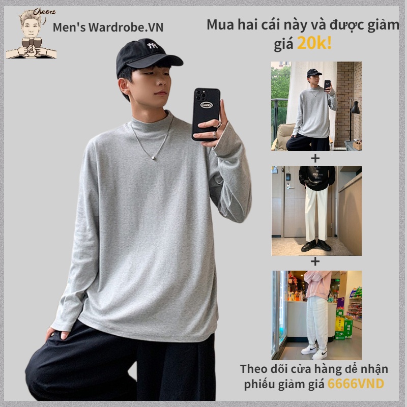 Áo thun tay dài cổ cao thời trang dành cho nam Hàn Quốc unisex simple cotton áo dài tay