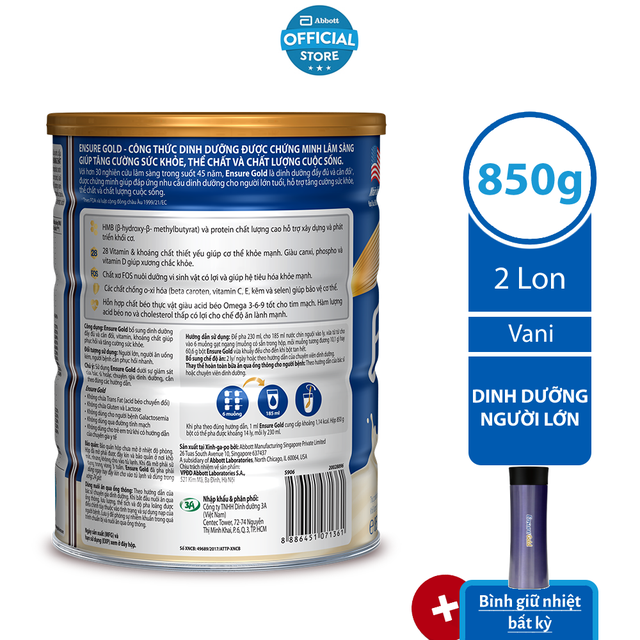 [Tặng Bình giữ nhiệt Lock&amp;Lock] Bộ 02 lon Sữa bột Ensure Gold Vani (HMB) 850g/lon
