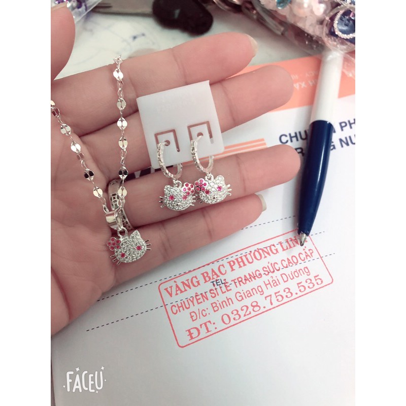 Set trang sức mặt mèo kitty cho bé yêu - Dây chuyền và bông tai bạc ta
