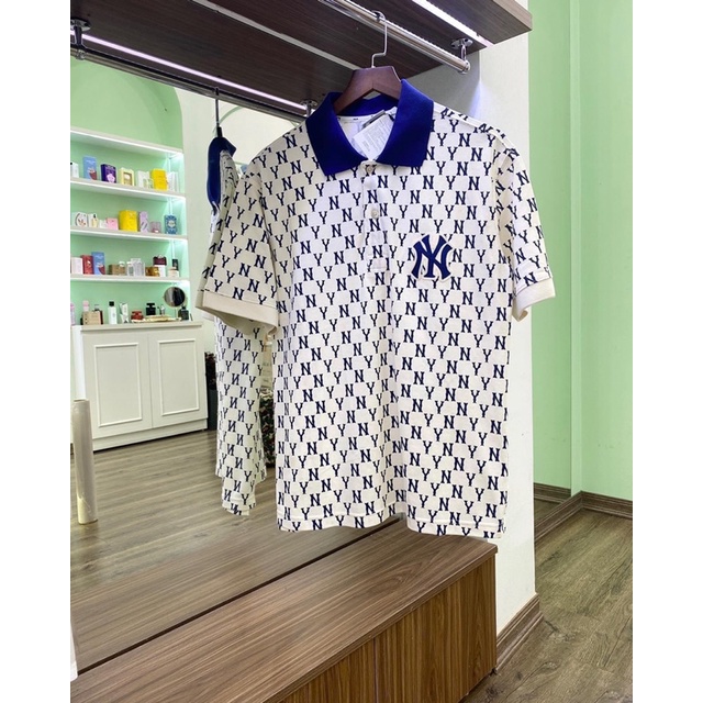 Áo Polo MLB Monogram Trắng Logo Xanh Navy Siêu Xịn