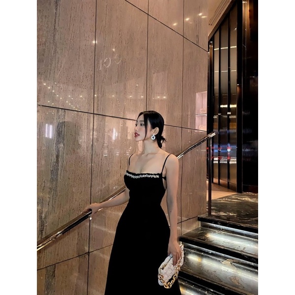 Đầm maxi 2 dây kết đá đen đỏ trắng