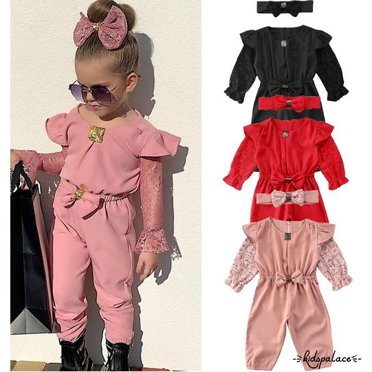 Jumpsuit Tay Dài Phối Ren Hoa Cho Bé Gái